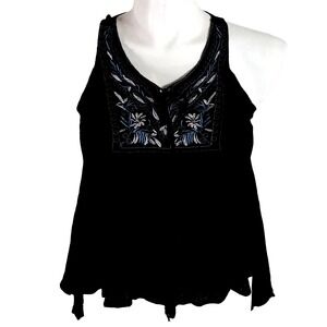VOG Swing Top LARGE Black Embroider Blouse  Flowy Sleeveless String Tie Tassel